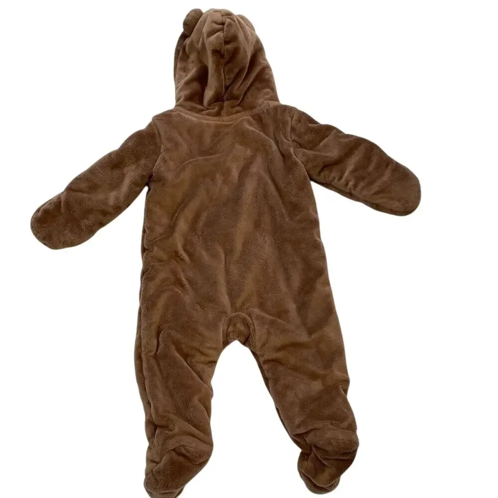 Unisex Brown Bear Fleece Outerwear, Bunting, One-Piece, Hooded Romper 6-9 Mos.